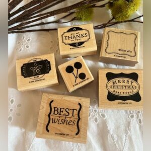 Set of 6 Wood Mounted Rubber Stamp Greetings EUC Friend Christmas Etc